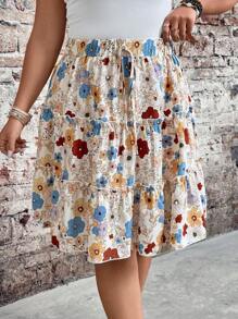 Breezaya Women Plus Size High Waist Streamlined Floral Print Ruffle Hem Skirt