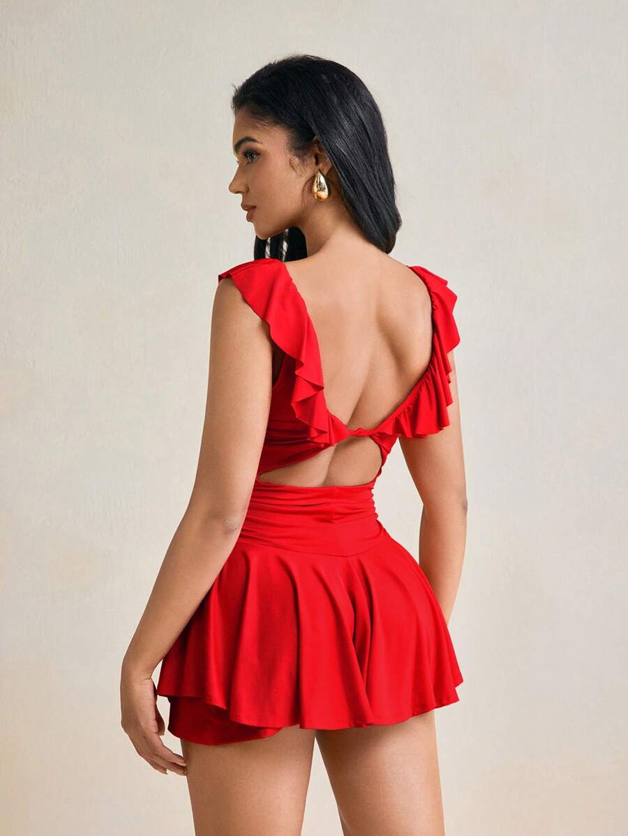 Amiko Designer Red Flounce Neck Twist And Cutout Back Ruched V-Waist Skort Romper - Red - View 1
