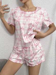 SHEIN Bow Frame Quilted Hem Casual Women Pajama Set Women Pj Set Short - Pink - View 1
