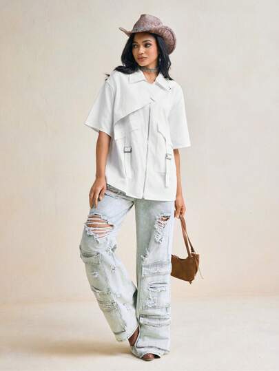 Nazario 设计师商务休闲编织亚麻重叠扣领带超大衬衫，带贴袋，办公室