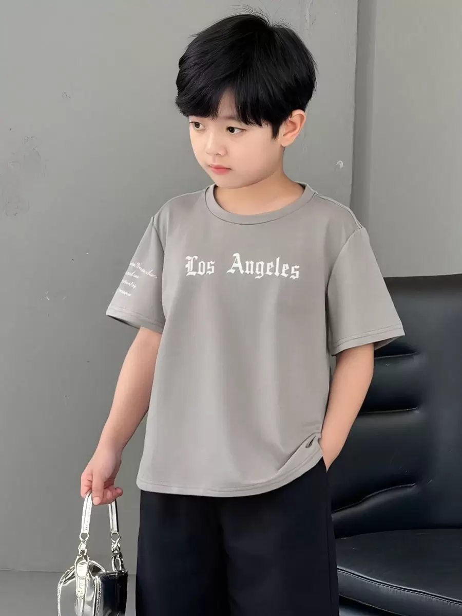 SHEIN Tween Boys' Casual Street Letter Print Grey Short Sleeve T-Shirt, Suitable For Leisure & Sports Wear - Grey - View 1