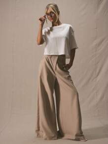 MUSERA 修身超宽腿裤，深腰设计，优雅专业，商务休闲，适合度假、秋冬、工作、办公室、约会、外出、返校、婚礼宾客等场合，也可作为精致早午餐或春季穿着。 - 棕色 - 查看 1