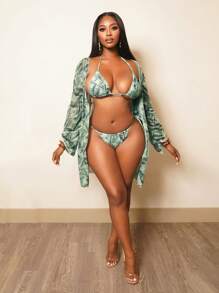 BamGleam 3pcs Set New Tight Fit Multi-Color Camouflage Retro Vintage Coin Pattern Long Sleeve Jacket & Bikini Swimwear For Women For Summer Beach Vacation - Multicolor - View 2