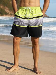 Surfspeed Plus Size Men's Striped Drawstring Waist Casual Beach Shorts Men Swim Trunks - Lime Green - View 3