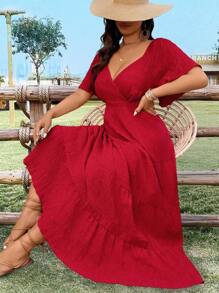 Breezaya Plus Size Solid Color Sweetheart Collar Long Casual Vacation Dress - Red - View 1