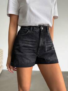 RueChic Summer Casual Washed Fringed Hem Denim Shorts - Black - View 3