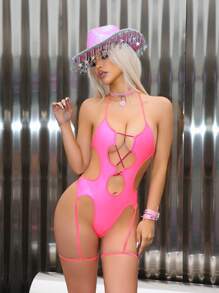 Sexy Chic Y2K PU Crisscross Strap Hollow Music Festival Women Jumpsuit, Pink Party