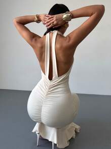 Firerie Apricot Color Elegant Long Slip Dress With Ruffle Detail, Backless Halter Neckline, Form Fitting, Suitable For Date, Wedding And Spring/Summer - Apricot - View 1