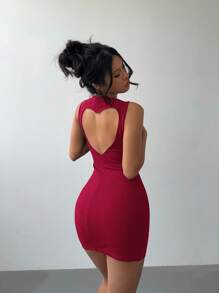Vestido mini ajustado con espalda descubierta y recorte de corazón a lunares estilo Y2K para el Día de San Valentín, vestido corto sexy JSEK - Burdeos - Ver 4
