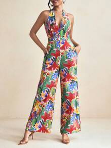 Miriam Omar Jumpsuit Panjang Model Musim Semi dan Musim Panas Berwarna-warni dengan Motif Bunga yang Ceria, Leher Halter V Dalam, dan Bagian Belakang Berkerut, Potongan Lebar. - MultiWarna - View 8