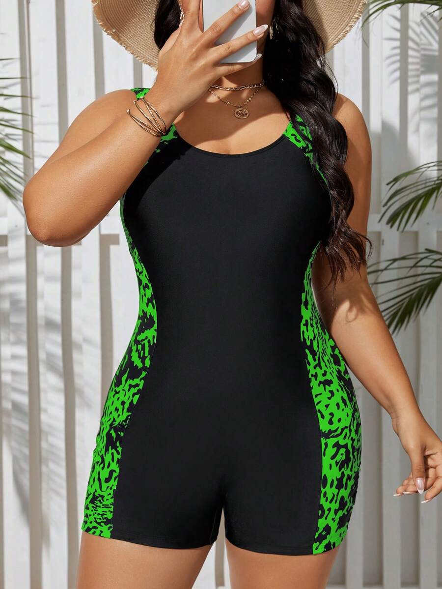 SHEIN Swim Curve 大码 2025 无袖圆领拼接印花连体泳衣，休闲海滩度假冲浪