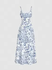 SHEIN MOD 休闲简约束腰飘逸长款吊带裙，蓝色碎花图案，适合夏季和度假穿着，女士柔和色调连衣裙