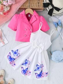 2pcs/Set Girls Elegant Office Style Short Sleeve Jacket And Cami Dress For Summer