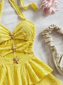 Soleia Gaun Liburan Pantai Musim Panas Berwarna Kuning yang Lucu, Gaun Tamu Pernikahan Gaya Bohemian Barat Warna Krem, Gaun Halter Berlapis Ruffle Tropis Elegan untuk Wisuda & Brunch - Kuning - View 3