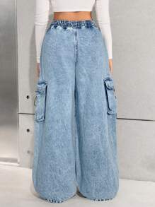 SHEIN Nastolatki Dziewczęta Y2K Wiosna Lato Vintage Jednolity Lekki Prany Ściągacz w Pasie Szerokie Nogawki Cargo Baggy Bawełniane Miękkie Spodnie Cargo Jeans, Dziewczęce Letnie Ubrania Powrót Do Szkoły Streetwear Stroje, Plaża Boho Koncert Spodnie Baggy Stroje Rave Festiwal, Strój Ukończenia Szkoły