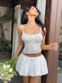 Aloruh Women's Super Low Waist Ruched Embroidered White Puff Sleeve Mini Skirt, Suitable For Spring And Summer Vacation - White - View 1