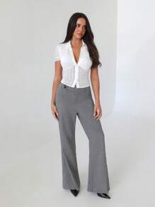 Roylia Women's Asymmetrical Waist Loose Flared Pants, Elegant Striped Design Fall Cloth For Women - Grey - View 4