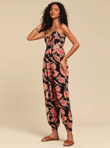 Travachic Vacation Casual Plant Print Bandeau Jumpsuit,Vacation Outfit,Suitable For Summer,Summer Outfits For Women,Summer , Summer Clothes,Women,Concert Outfit Women,Boho,Tropical Vacation