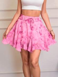 SHEIN VCAY 女士粉色雪纺碎花褶皱 A 字裙，春夏 - 粉色 - 查看 7