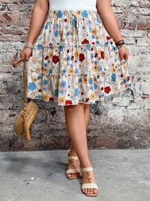 Breezaya Women Plus Size High Waist Streamlined Floral Print Ruffle Hem Skirt