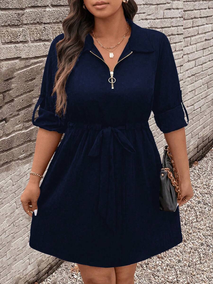 SHEIN LUNE Plus Size Women Cinched Waist Zip-Up Cuffed Sleeve Casual Dress Fall Cloth For Women - Navy Blue - View 1