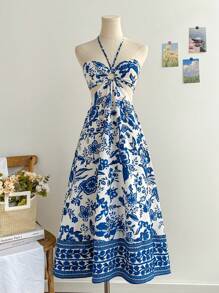 Soleia Blue & White Patterned Hollow Out Cinched Waist Romantic Casual Holiday Dress For Women, Suitable For Vacation, Date, Afternoon Tea, Music Festival, Bohemian