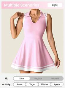 SHEIN Sovereign Charm Váy tập yoga không tay cổ polo cho nữ, trang phục tập luyện thể thao bó sát, thoải mái khi đi làm ngoài trời gợi cảm có túi, quần short ngắn, váy thể thao - Hồng - Xem 6