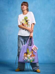 Nick 90s X SHEIN Cartoon Portrait Print 90s RPET Foldable Portable Shopping Bagm, With Small Pouch Attached, Can Be Hung On Bags, Gift