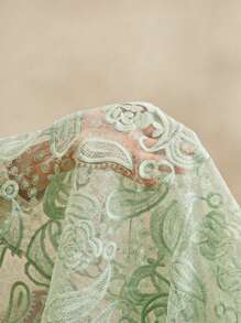 Anewsta 女士立领灯笼袖透明腰部收紧花卉刺绣优雅 A 字形连衣裙，节日春季女士外出度假服装 - 綠色 - 查看 8