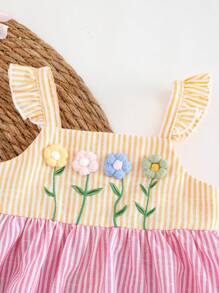 Cozy Pixies Baby Girl 3D Floral Contrast Color Block Sleeveless Waist Fit Dress - Pink - View 5