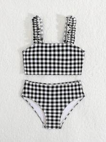 Young Girl Plaid Bikini Beach Swimwear Set, Random Print - Multicolor - View 4