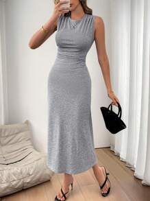 SHEIN LUNE Casual Women Round Neck Sleeveless Dress - Grey - View 3