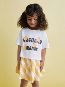 SHEIN Conjunto de 2 Peças, Camiseta com Estampa de Limão e Saia Evasê Listrada para Meninas Jovens, Verão - Multicolorido - Visão 5