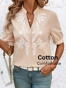 SHEIN Clasi Blusa casual da donna con collo tacca e ricamo, adatta per taglie forti e vacanze
