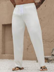 Manfinity Homme Plus Size Men's Casual Solid Color Drawstring Waist Long Pants - White - View 1