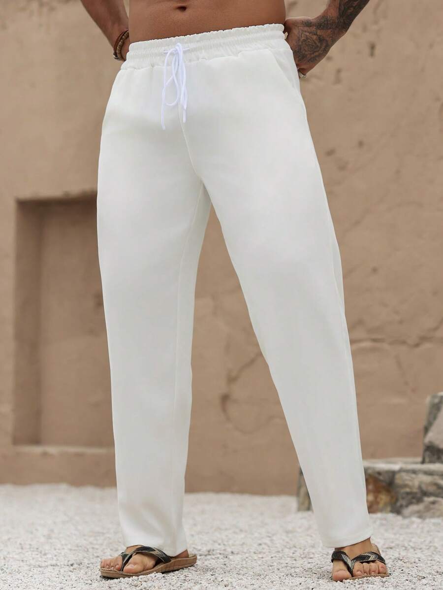 Manfinity Homme Plus Size Men's Casual Solid Color Drawstring Waist Long Pants - White - View 1