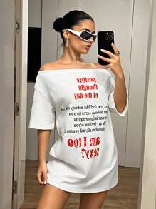 SHEIN ICON Spring And Summer Off The Shoulder Graphic Going Out Letter Women Off Shoulder Short Sleeve Letter Print White Dress - White - View 3