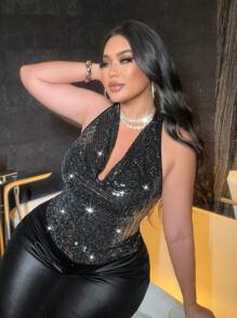 Allurite Plus Size Women Sequin Backless Cami Top, Plunge Neck For Party Clubwear, Summer