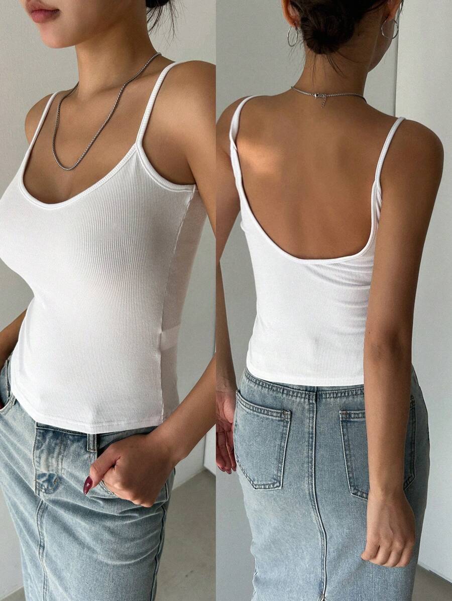 DAZY 女式纯色休闲修身露背吊带背心 - 白色 - 查看 1