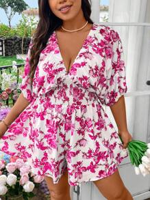 Flirla Plus Size Women Floral Print Elastic Waist Sleeveless Jumpsuit - Hot Pink - View 7