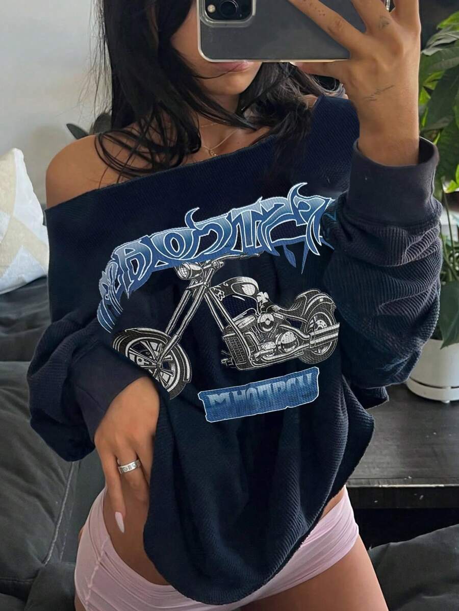 SHEIN EZwear 女士休闲露肩运动衫,简约时尚,适合日常穿着,秋季套头衫 - 藍色 - 查看 1