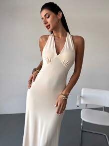 Firerie Apricot Color Elegant Long Slip Dress With Ruffle Detail, Backless Halter Neckline, Form Fitting, Suitable For Date, Wedding And Spring/Summer - Apricot - View 4