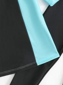 Young Girl Color Block Hooded Swimwear Top And Pants Set - Blue - View 2