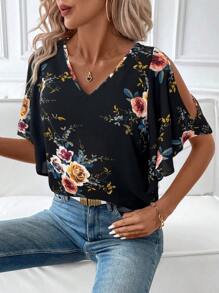SHEIN Clasi Women V-Neck Floral Print Ruffle Sleeve Slit Front Blouse - Black - View 5