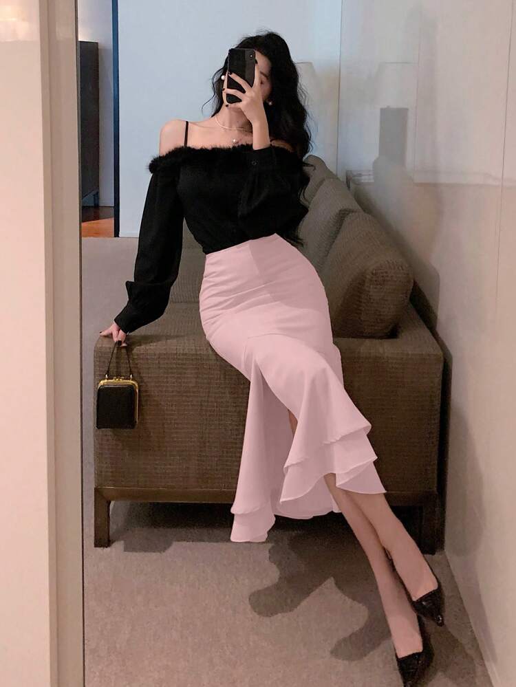 1pc Women's Elegant Solid Color Double Layer Split Fishtail Skirt