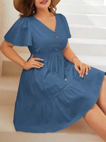 SHEIN VCAY Plus Size Women Solid Color Button Design Ruffle Sleeve Casual Dress