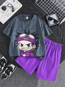 SHEIN 2pcs/Set Kids Tween Boys Casual Versatile Comfortable Cartoon Character Print Crew Neck Loose T-Shirt And Plain Shorts, Suitable For Commute, School, Casual, Vacation, Sports, Spring/Summer