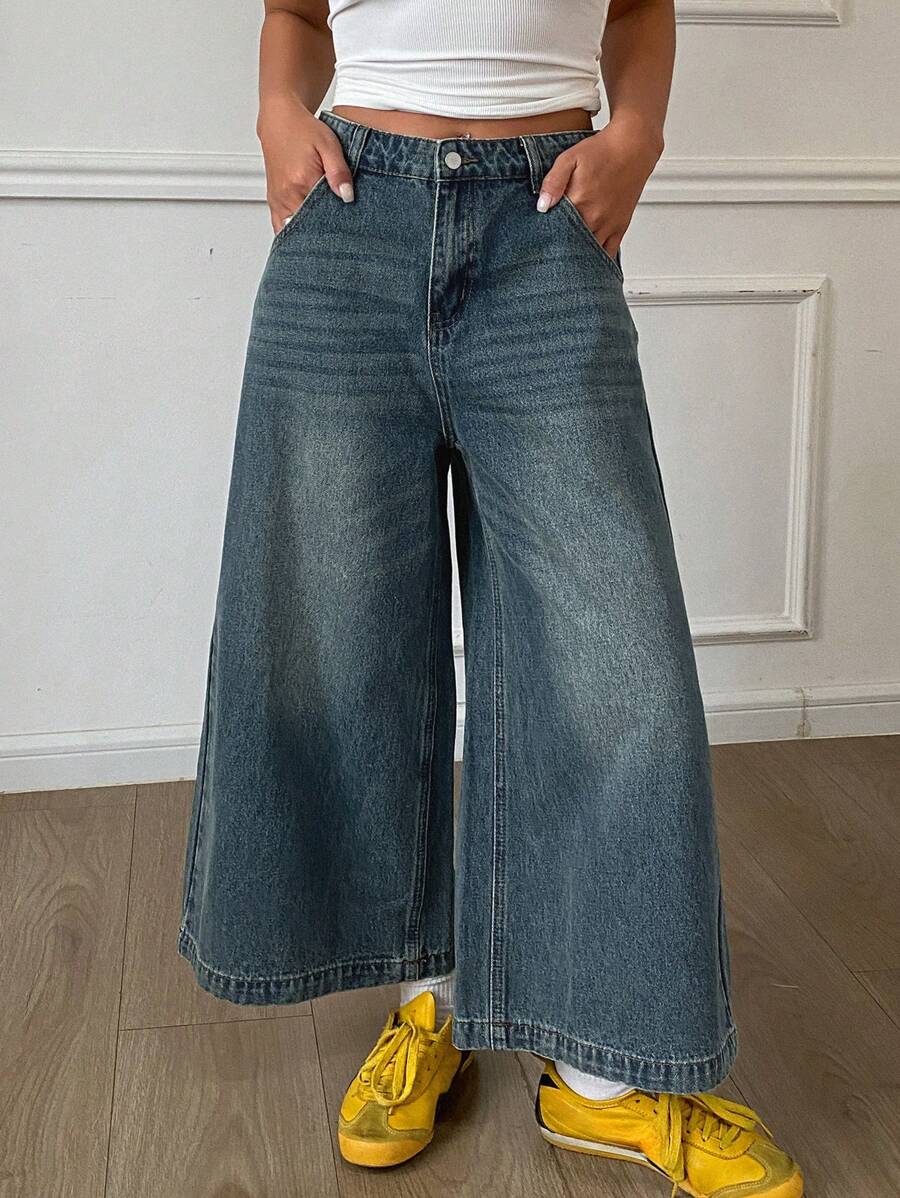 DAZY 西部休闲做旧洗水阔腿3/4牛仔裤，带口袋，女式，夏季，宽松牛仔裤