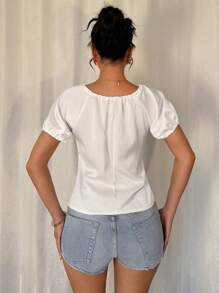 Chiquease Women's Drawstring Ruffled Round Neck Puff Sleeve Satin Shirt - White - View 2