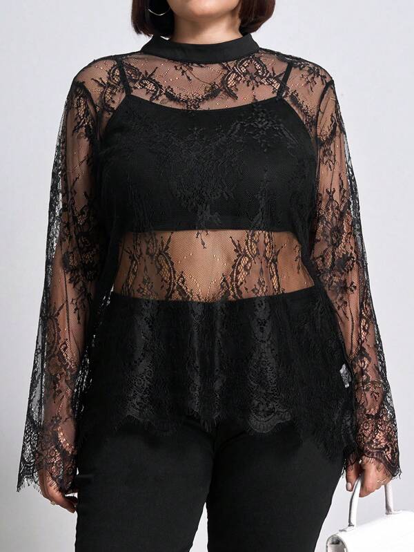 Chikora Curvy Plus Size Women's Floral Lace Round Neck Long Sleeve Loose Elegant Romantic Transparent Shirt, Suitable For Autumn And Winter, Going Out,Christmas,New Years Women Outfit Blouse Curvyblack Lace Toplace Blouselace Long Sleeve Topblouse Curve